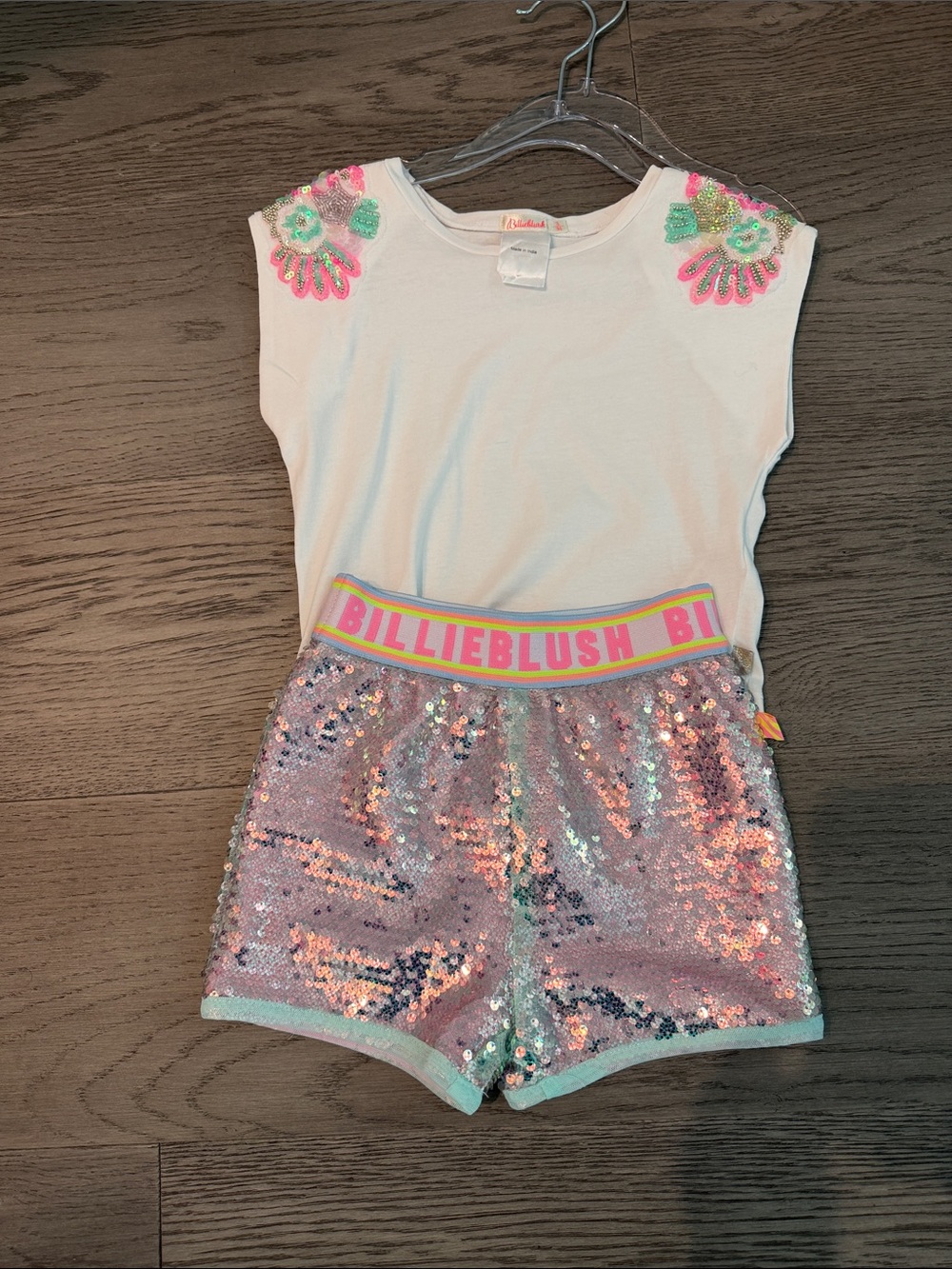 Billieblush White Top with Pink Sequin Shorts and Embellished Shoulders